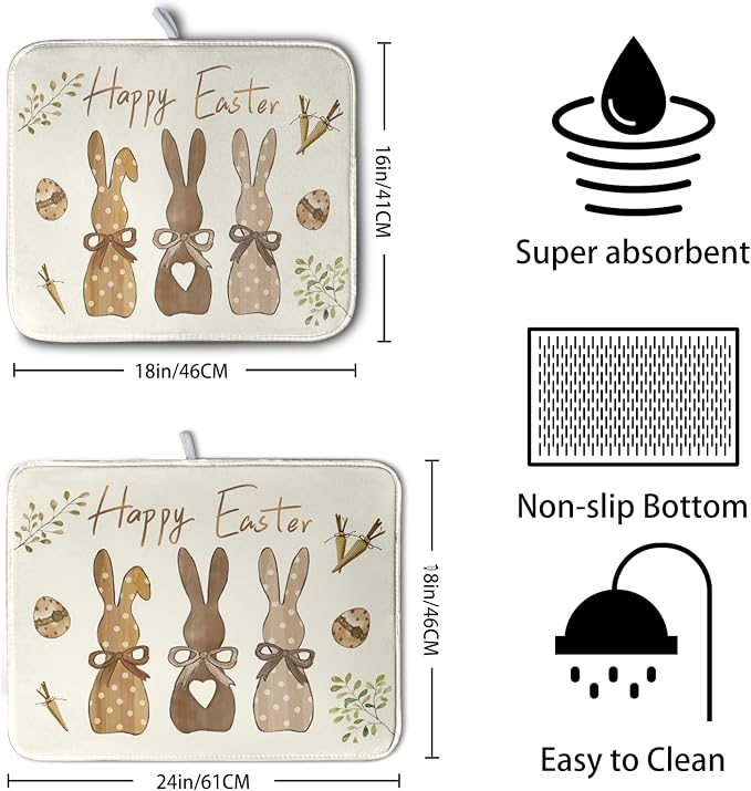 Happy Easter Bunny Dish Drying Mat Rabbits Egg Carrot Dish Pad for Kitchen Counter 16x18 Inch Microfiber Absorbent Spring Bufflao Plaid Dish Draining Mat Reusable Washable Dish Drainer Rack Mat