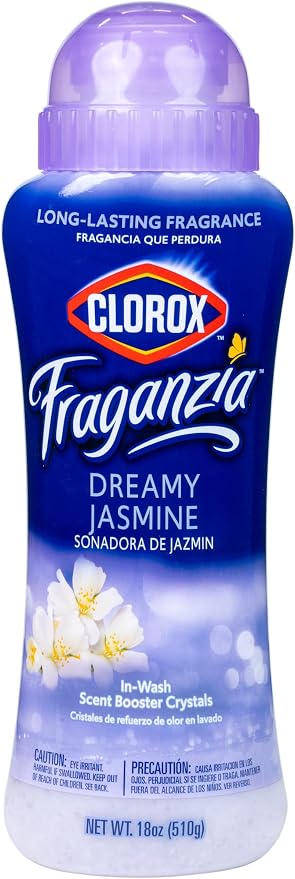 Clorox Fraganzia Laundry Scent Booster Crystals, In-Wash Fragrance Beads for Fresh-Smelling Clothes & Linens, Safe for All Fabrics & Colors, Easy-Pour Bottle, Dreamy Jasmine Scent, 18 Oz, 2 Pack