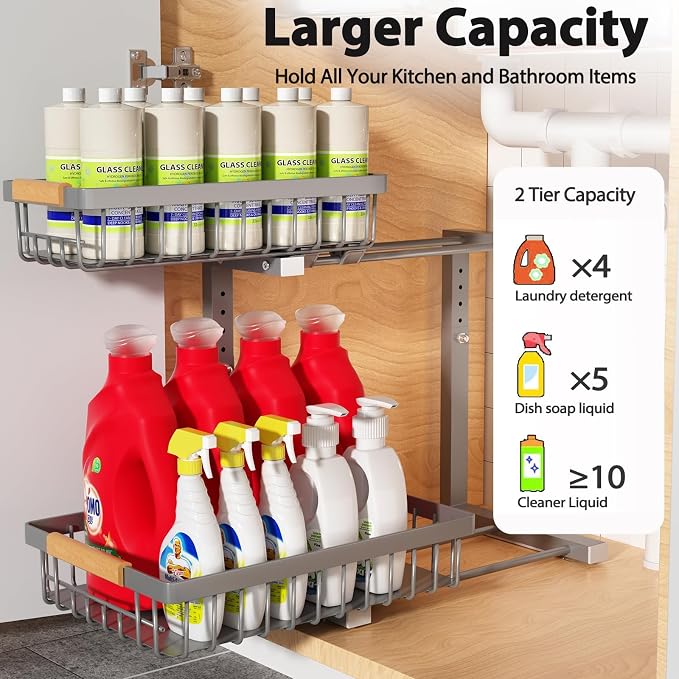 Liuoud Under Sink Organizer 2 Pack, 2 Tier Slide Out Large Capacity Height Adjustable Under Sink Organizers and Storage for Kitchen Bathroom Cabinet, Grey