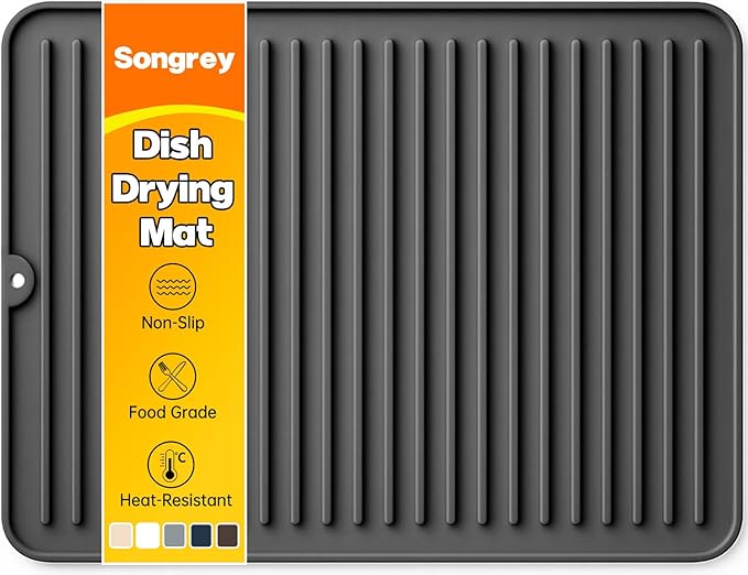 Songrey 16" x 12" Silicone Dish Drying Mat, Kitchen Counter Drying Pad for Sink Dishes or Under Rack, Multi-Use as Heat Resistant Trivet, Coffee Bar Mat