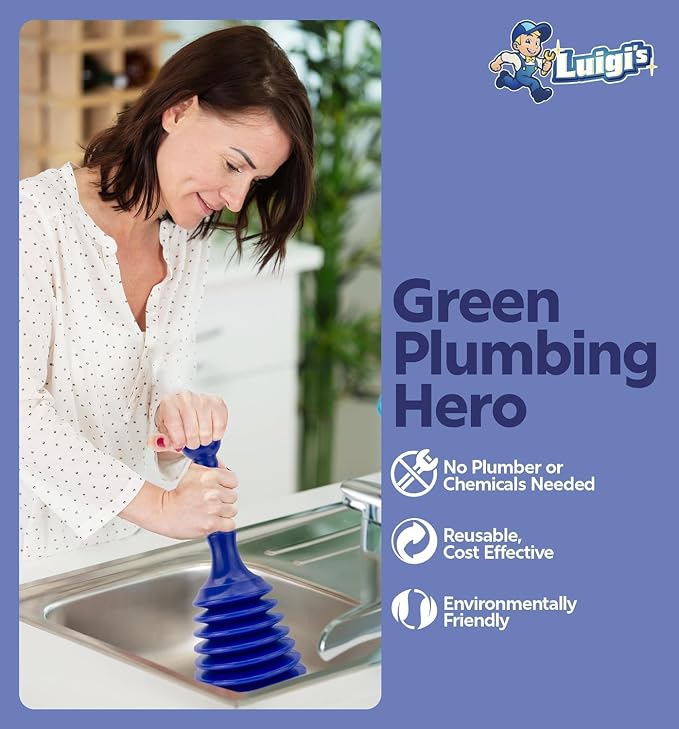 Luigi's Sink Plunger Kitchen - Sink Plunger Bathroom - Drain Bathtub or Shower - Small and Powerful Clog Remover - Commercial Style "Plumbers Plungers" with Large Bellows - Blue - Small
