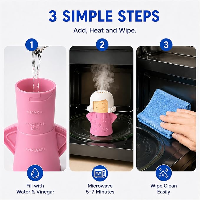 Microwave Steam Cleaner Tool, Fill with Vinegar & Water, Optional Lemon Drops, Heat 5-7 Minutes to Soften Grease & Residue, Non-Toxic Reusable Kitchen Cleaner for Microwaves (Pink)