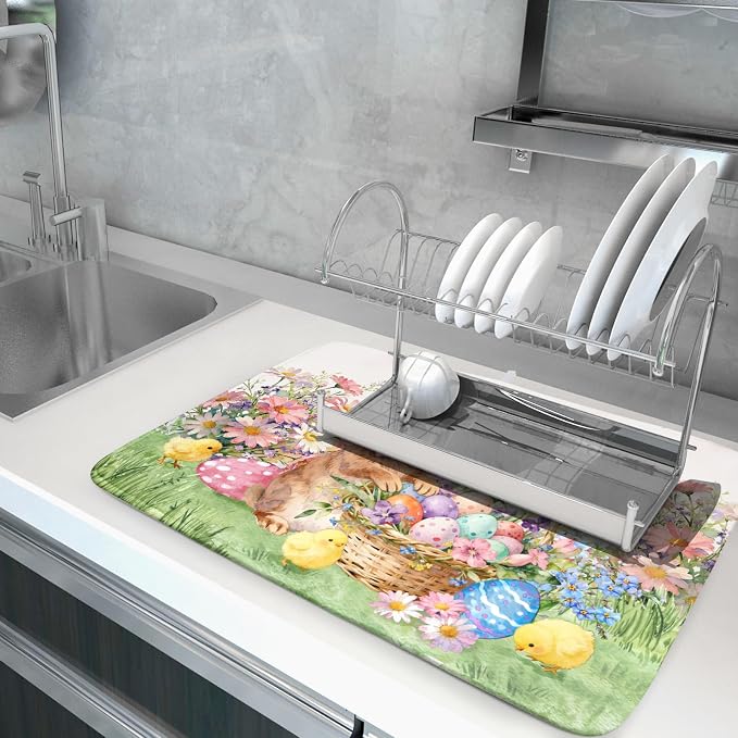 Easter Rabbit Eggs Dish Drying Mat for Kitchen Counter 18x24 Inch Spring Flowers Large Microfiber Dish Drainer Rack Mats