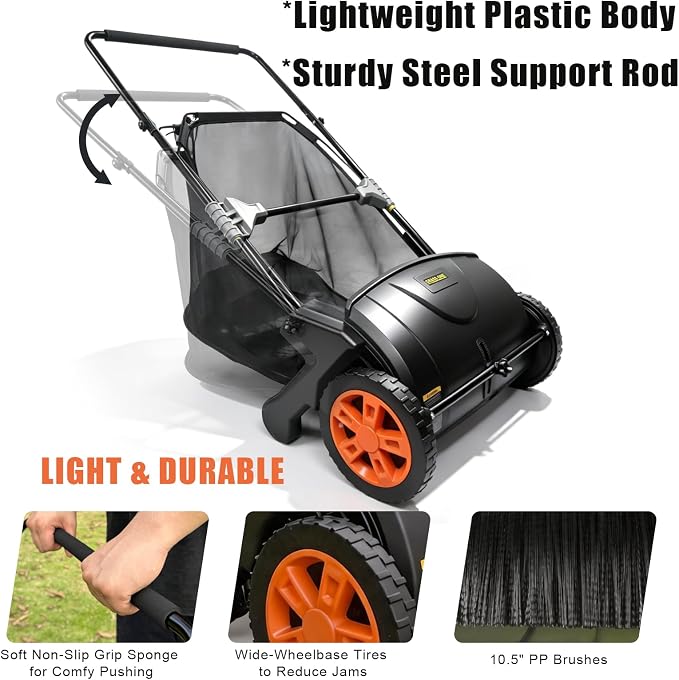 21 Inch Lawn Sweeper, Push Leaf & Grass Collector, PP Brushes | Reinforced frame design with 10.5" PP brushes, large hand-woven nonwoven bag, adjustable height for easy yard cleanup