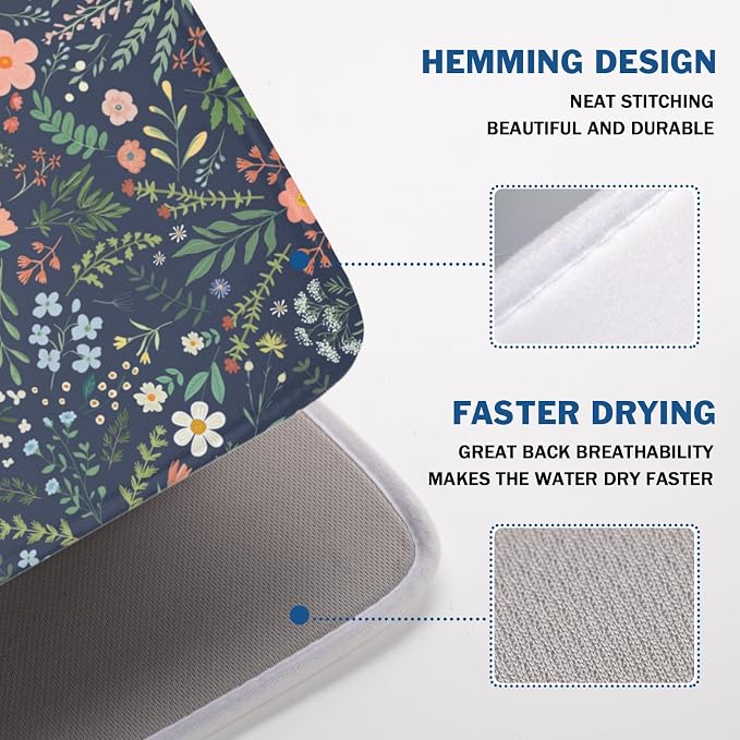 Floral Dish Drying Mat for Kitchen Counter Rustic Flower Leaves Print Microfiber Dish Drainer Mat Farmhouse Floral Absorbent Washable Drying Pad Extra Large 18"x24"