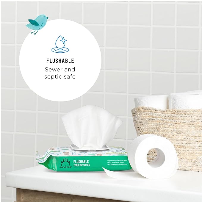 Amazon Brand - Mama Bear Flushable Toddler Toilet Wipes, Unscented, Formulated without Fragrance, Hypoallergenic, Septic Safe, 336 Count, 8 Packs of 43