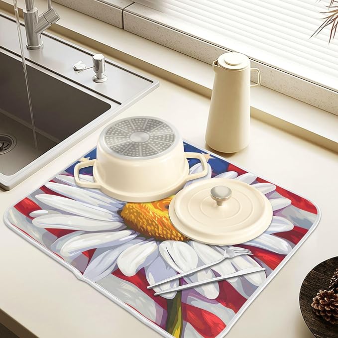 Daisy Flowers and American Flag Dish Drying Mat for Kitchen Ccounter Absorbent Microfiber Small Drying Pad Dish Mats for Kitchen Countertops 16 x 18 Inch