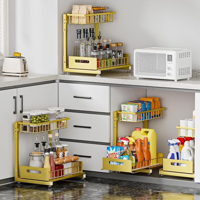 Saydear 2-Pack L-Shaped Under Sink Organizer, 2-Tier Pull-out Cabinet Rack | Gold Height-Adjustable Steel Rack, Sliding Grid Drawers with PP Liners, Holds 100 Lbs, Suction Base, Ideal Kitchen Storage