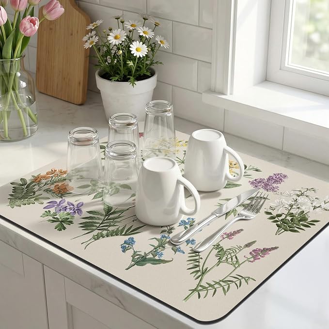 LOKHOM Dish Drying Mat for Kitchen Counter, 16"x18" Absorbent Coffee Bar Mat with Vintage Sage Flower Herbs, Dish Drainer Rack Mat for Kitchen Counter