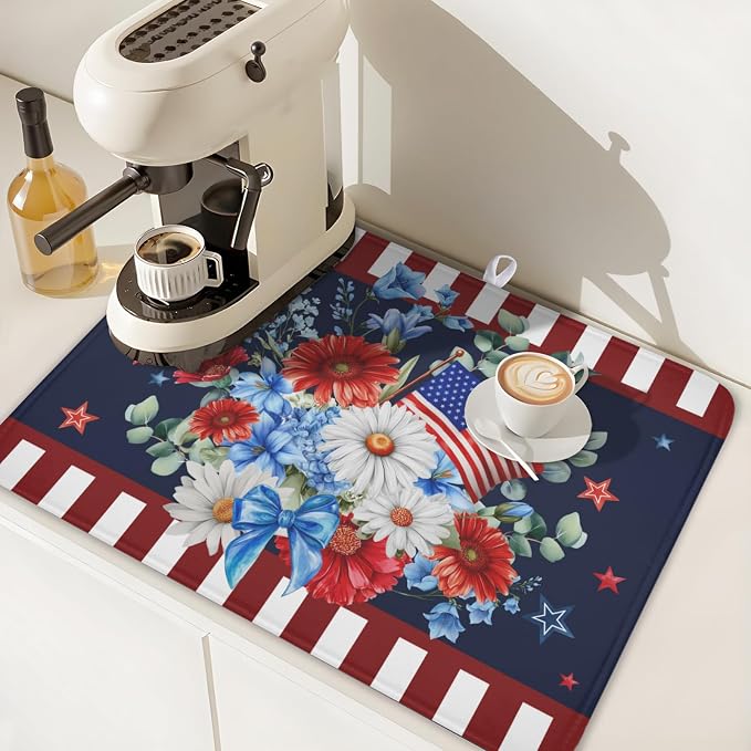 4th of July Dish Drying Mat for Kitchen Counter Patriotic Red Blue and White Floral American Flag Microfiber Dish Drainer Mat Absorbent Washable Drying Pad Extra Large 18"x24"