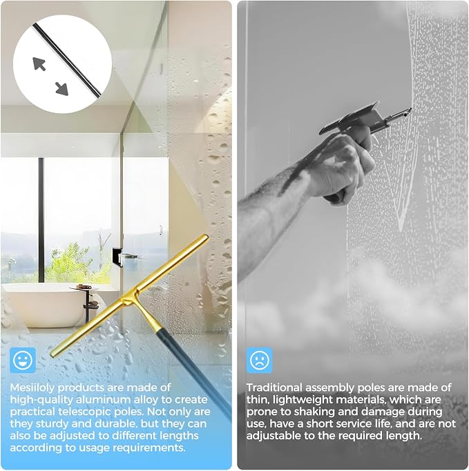 17“- 60" Extendable Long Handle 2-in-1 Window Squeegee Gold | 12.4" Wide Metal Shower Squeegee for Glass Doors, 2-in-1 Squeegee for Home Window Cleaning, Tile Wall, Car