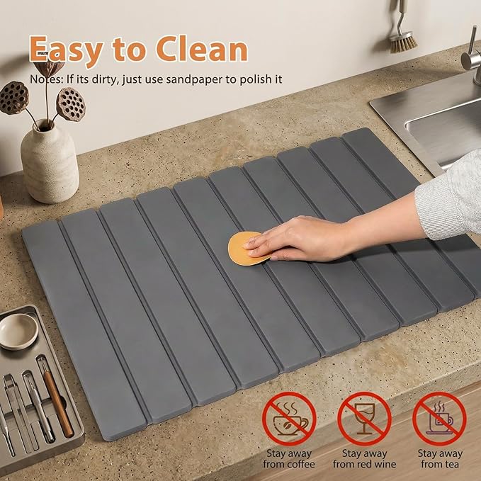 Large Stone Dish Drying Mat for Kitchen Counter, 2 PCS Quick Dry Diatomaceous Earth Dish Mat Set – Foldable Water Absorbing Kitchen Gadgets & Gifts, Home Essentials(Gray Ink 24"×16" & 8"x4")