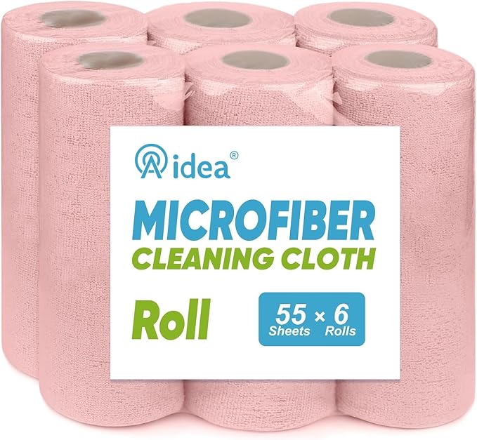 AIDEA Microfiber Cleaning Cloth 330 Sheets 6 Roll, Pink Towels, 11×9" | Reusable Paper Towels, Shop Towels, Microfiber Towel Roll, Cleaning Rags for Automotive, Workshops, House, Cleaning Supplies