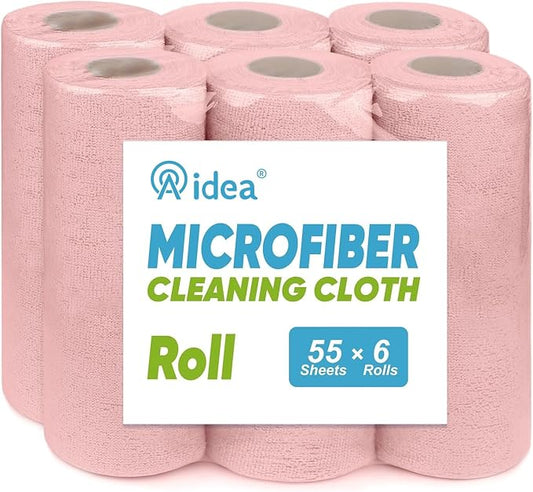 AIDEA Microfiber Cleaning Cloth 330 Sheets 6 Roll, Pink Towels, 11×9" | Reusable Paper Towels, Shop Towels, Microfiber Towel Roll, Cleaning Rags for Automotive, Workshops, House, Cleaning Supplies