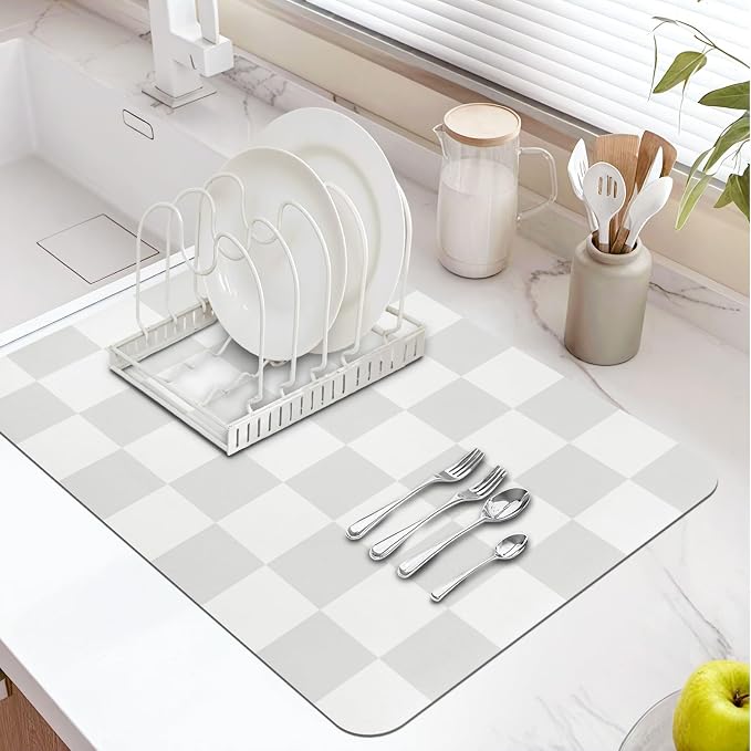 Dish Drying Mat for Kitchen Counter,16"x 24" Super Absorbent Kitchen Dish Drying Pad, Coffee Bar Mat with Rubber Backed, Coffee Bar Accessories for Countertop Dishes Utensils,Grey Checkered