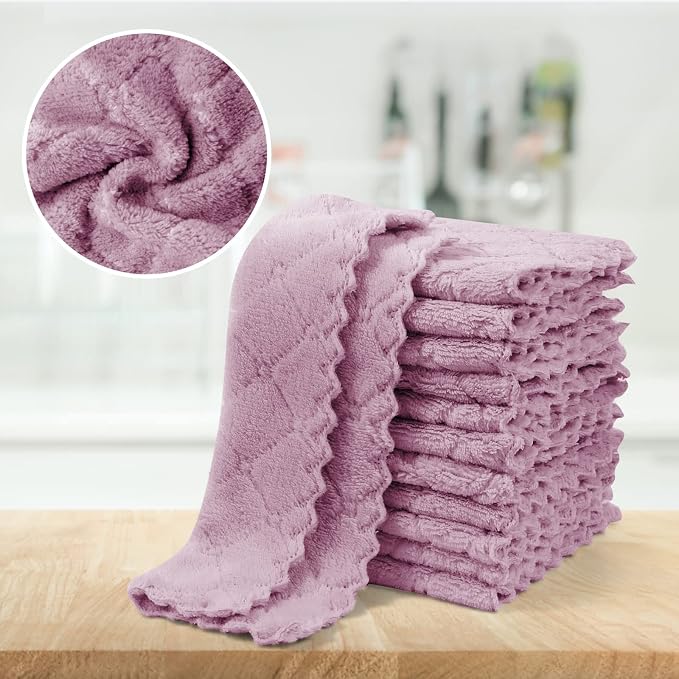 UMANI 12 Pack Kitchen Dish Cloths, Ultra Soft Absorbent Quick Drying Dish Towels, Nonstick Oil Microfiber Cleaning Cloth, Machine Washable Coral Fleece Cleaning Rags (Purple)