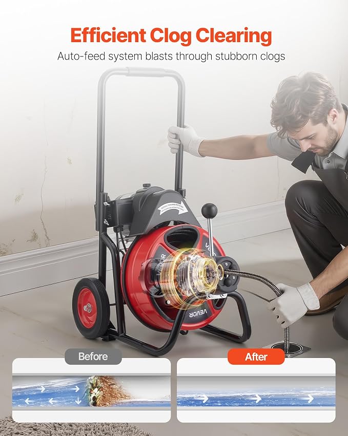 VEVOR Drain Cleaner Machine 75 FT x 3/8 Inch, Auto Feed Sewer Snake Auger on Wheels, Portable Drain Cleaning Machine with 4 Cutters & Air-activated Foot Switch for 2" to 4" Pipes