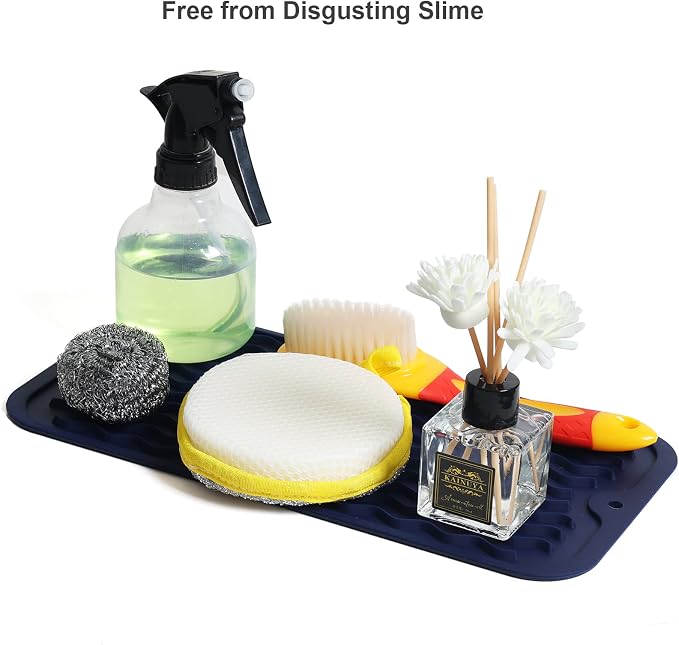 ZLR Silicone Sink Caddy Tray (6" x 12" / 153 x 305mm) - Narrow Sponge Holder for Kitchen Counter - Waterproof Dish Drying Mat, Non-Slip Soap Dispenser Mat & Bathroom Vanity Organizer (Midnight Blue)
