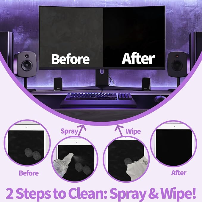 Phone Touch Screen Cleaner Mist Spray and Wipe, Hatstart Pristine Eyeglass Cleaning Kit for TV Laptop Computer Tablet PC LCD Flat Screens Car Display, Compatible with iPhone iPad MacBook Pro, Purple