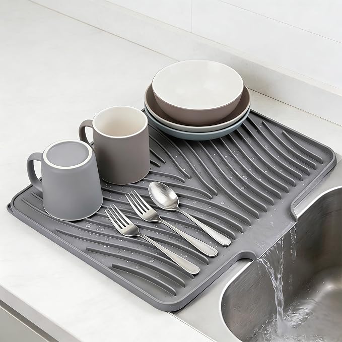 Silicone Dish Drying Mat 16x13,Food-Grade Silicone,Easy Clean Pad for Countertop Protection,Heat Resistant,Easy Clean,Non-Slip Drain Pad with Built-in Drain,Multi-Functional Use,Grey