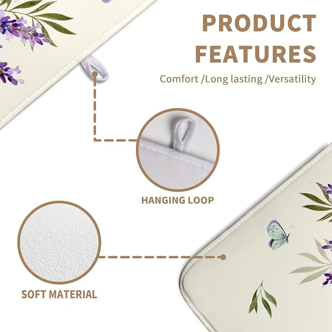 Spring Lavender Floral Dish Drying Mats Spring Summer Dish Mat Purple Flowers Butterfly Drying Matt Dishes Dryer Pad for Kitchen Counter Absorbent Microfiber Washable Foldable Reusable 18x24 in