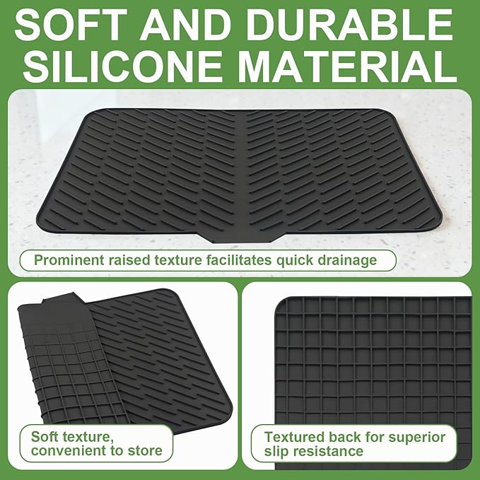 Silicone Drying Mat, 23"X17" With Built-in Drain Lip,Heat-Resistant,Eco-friendly,Hygienic Drying Pad,Leak-Proof and Non-Slip,Silicone Dish Drying Mat for Kitchen Counter or Sink（Black 23X17）