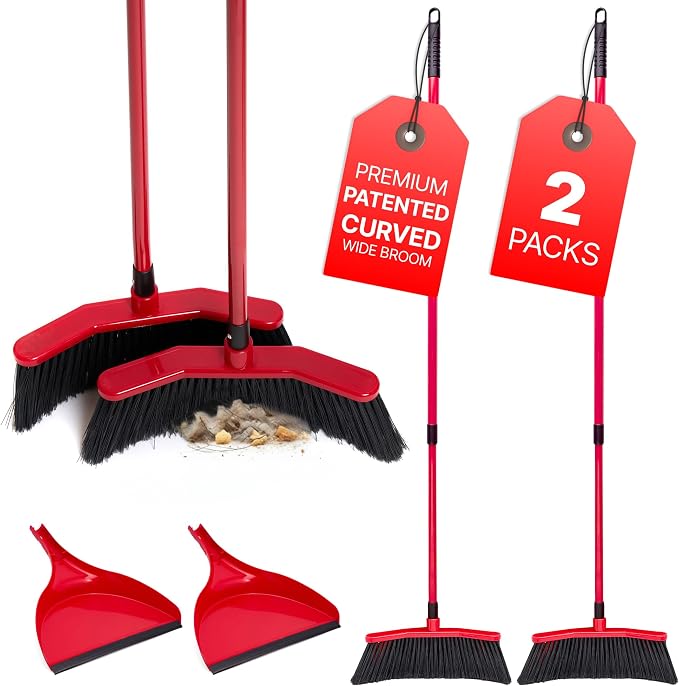 with Dustpan Combo Set, 16-Inch Curved Head, Pack of 2 | 52" adjustable telescopic handle, soft PVC bristles, indoor outdoor kitchen sweep, clears pet hair, dust, debris