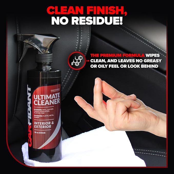 Carfidant Car Interior Cleaner – Stain Remover & Odor Eliminator – No Residue Finish – Safe on Leather, Fabric, Carpet & Plastic – Detailing Spray with Microfiber Towel – 128oz