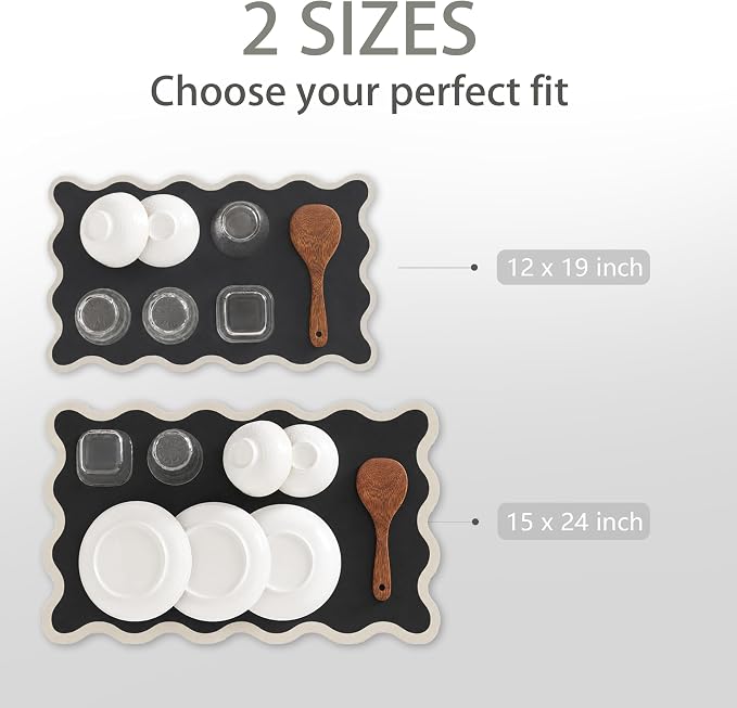 Scalloped Dish Drying Mat for Kitchen Counter, Absorbent Easy Clean Non-slip Coffee Bar Station Accessories, Trendy Cute Aesthetic Modern Drainer Kitchen Drying Mat, Black 15" x 24"
