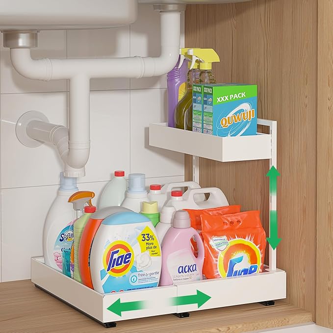 REALINN L-Shaped Under Sink Organizer with 6-Level Height Adjustment & Expandable Width, Pull-Out Cabinet Storage Rack with Quiet Sliding Rails for Kitchen, Bathroom, Laundry Room Cabinets, White
