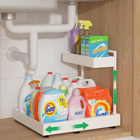 REALINN L-Shaped Under Sink Organizer with 6-Level Height Adjustment & Expandable Width, Pull-Out Cabinet Storage Rack with Quiet Sliding Rails for Kitchen, Bathroom, Laundry Room Cabinets, White