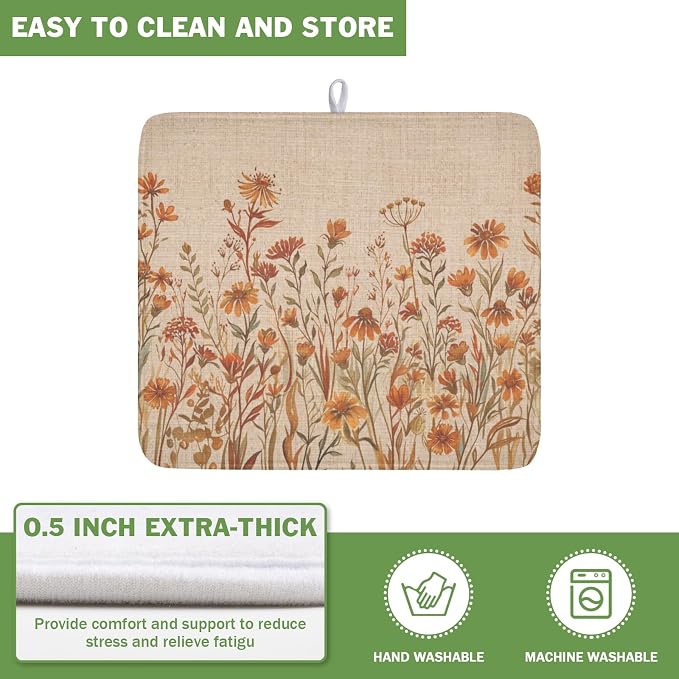 Fall Floral Dish Drying Mat for Kitchen Counter 16 x 18 Inch Autumn Sunflower Dish Drainer Mat Absorbent Microfiber Thanksgiving Dish Rack Pad for Coffee Dining Bar Kitchen Decor