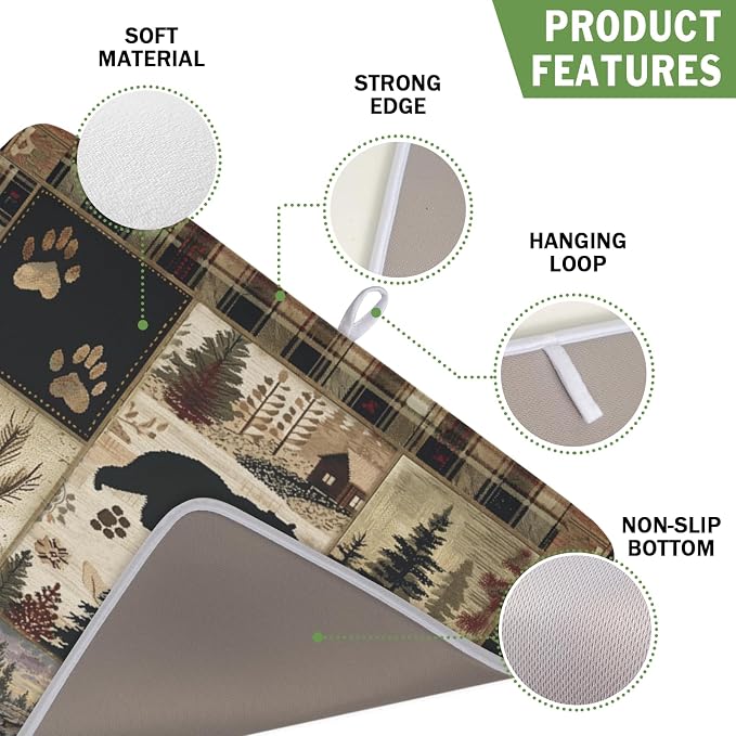 Giwawa Black Bear Dish Drying Mat Forest Cabin Decorative Dishes Pad 16x18 Inch Absorbent Fast Dry Dish Drainer Rack Mats for Kitchen Counter Sink