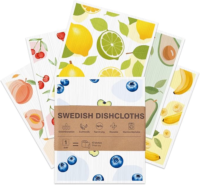 Swedish Dishcloths for Kitchen, 6 Pack, Reusable Paper Towels Washable, Super Absorbent Dish Drying Rags, Fast Dry Non-Scratch Cloths for Washing Dishes, Biodegradable