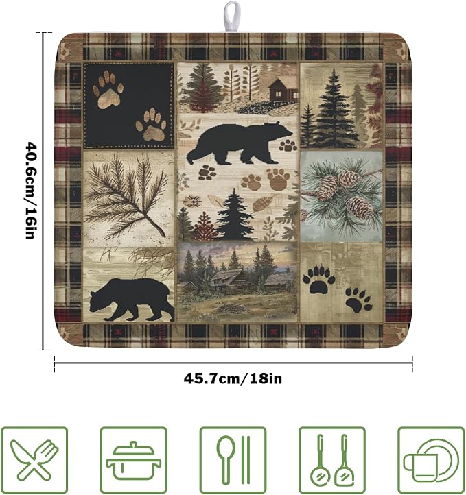 Giwawa Black Bear Dish Drying Mat Forest Cabin Decorative Dishes Pad 16x18 Inch Absorbent Fast Dry Dish Drainer Rack Mats for Kitchen Counter Sink