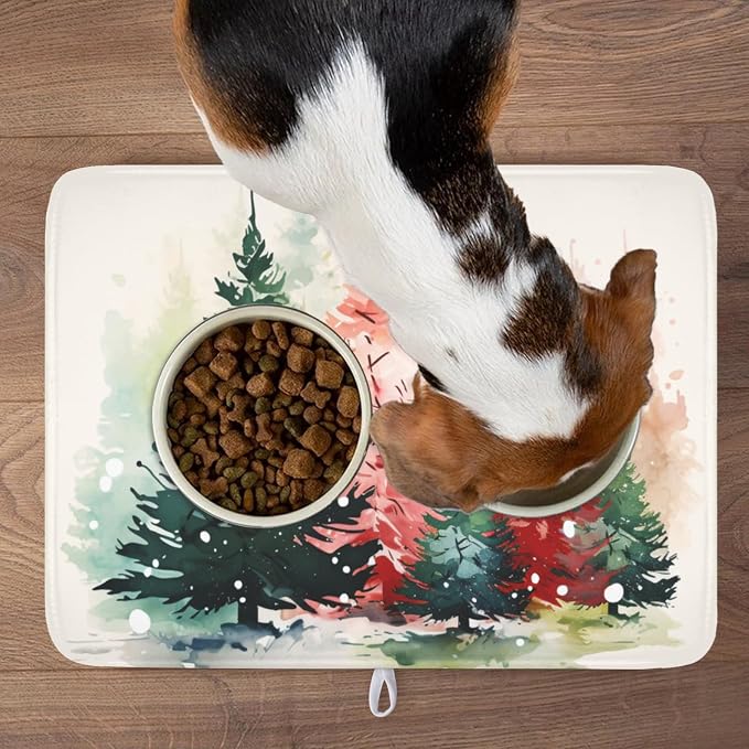 Christmas Dish Drying Mat for Kitchen Counter Xmas Theme Red Green Watercolor Trees Dish Drainer Mat Rustic Farmhouse Winter Holiday Absorbent Washable Drying Pad 18"x24"