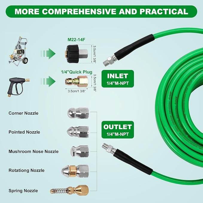 Sewer Jetter Kit for Pressure Washer,Water Jet Drain Cleaning Hose with Corner Rotating Button Spring Nose 1/4" NPT Sewer Cleaning Tool High-Pressure Nozzles,5800 PSI 50 FT