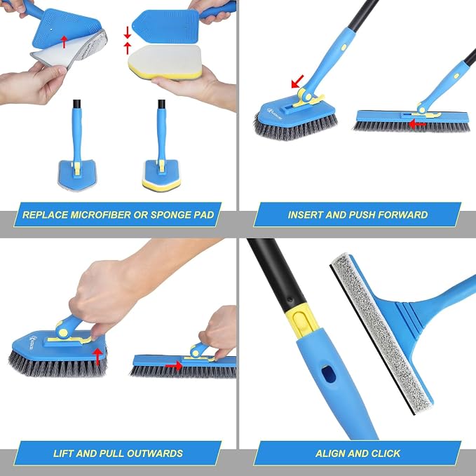 Tile Tub Scrubber Brush with 5 Different Function Cleaning Heads and 51" Extendable Long Handle Non Scratch Shower Scrubber for Cleaning Bathroom Kitchen Toilet Wall Bathtub