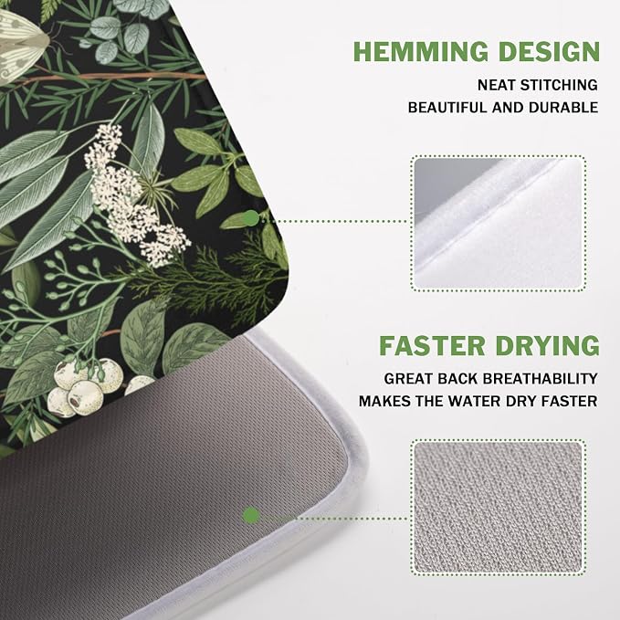 Sage Green Botanical Fruit Dish Drying Mat 16x18 Inch | Butterfly，Polyester，Absorbent Microfiber，for Kitchen Coffee Dining Bar Decor