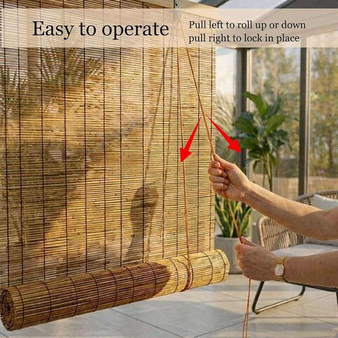 Retro Bamboo Blinds for Patio, Privacy Bamboo Roll Up Shades for Windows, 16"-80" W Reed & Bamboo Blackout Roller Shades, Cordless Outdoor Blinds for Porch, Sun Blocking(56" W x 64" H)