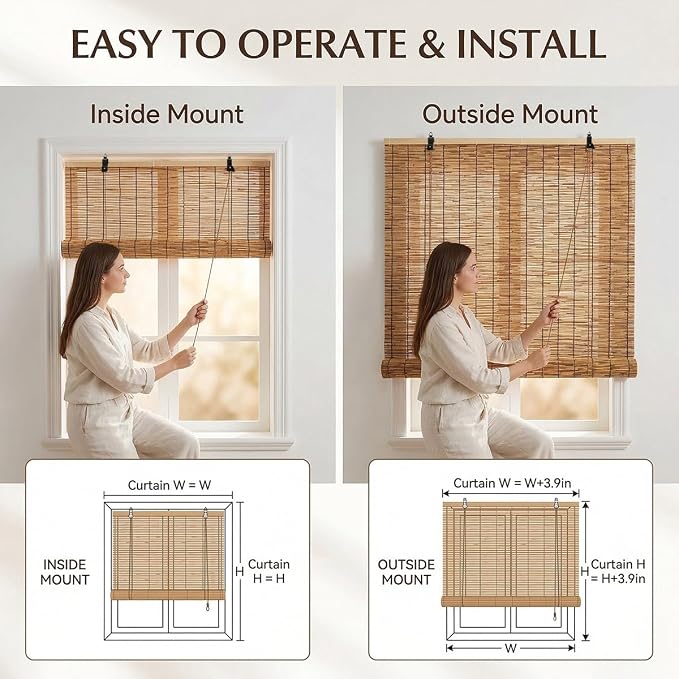 Bamboo Roller Shades for Outdoor Patio, Porch, Pergola, Balcony, Bamboo Blinds, UV Protection, Light Filtering Bamboo Blinds for Interior Windows, Bamboo Roman Shades for Windows