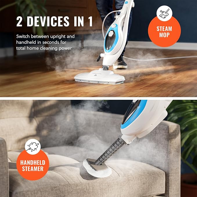 PurSteam 10-in-1 Steam Mop, Floor Steamer with Detachable Handheld Steam Cleaner for Tile, Hardwood Floors | Steam Mop with 10 Accessories | Detachable Steam Cleaner for Hard Floors, Stone, Hardwood, Tile | Washable Dirt Grip Pads