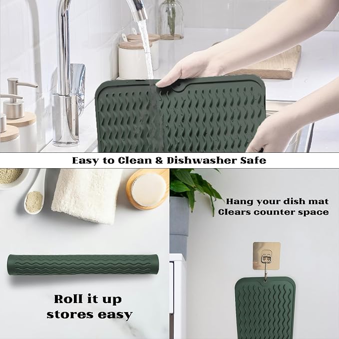 ZLR Silicone Dish Drying Mat for Kitchen Counter (12" x 16" / 307 x 405mm) - Large Fast-Dry Drainer Mat with Raised Wavy Ridges & 5mm Lip - Non-Slip, Heat Resistant 450°F, BPA-Free (Dark Green)