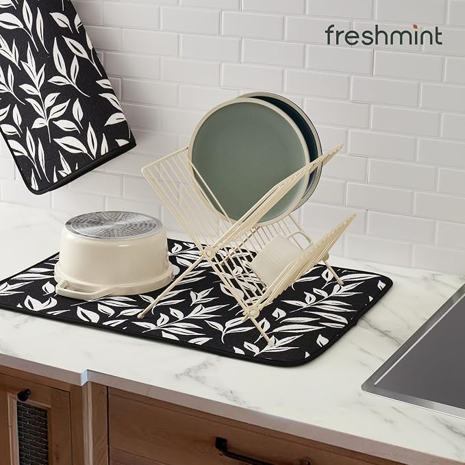 FRESHMINT Printed Dish Drying Mats for Kitchen Counter 2 Pack Absorbent Reversible Drying Mats Microfiber Kitchen Countertop Protector Dishes Drying Pad Extra Large 18"x24" Dish Mat