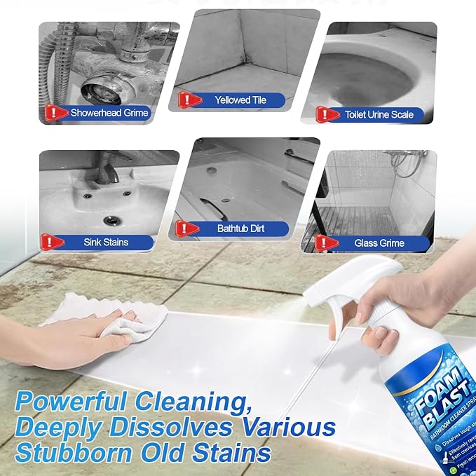 Bathroom Foam Cleaner Spray 10.15oz, Removes Soap Scum | Hard Water Stains & Dirt, Lemon Scent, Shower Cleaner for Shower Tile Toilets Tub & Sink Included Crevice Brush