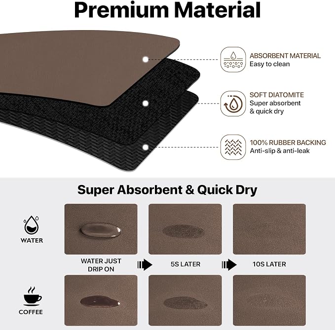 2PCS 12" x 19" Dish Drying Mat & 24" x 5.5" Faucet Mat for Kitchen Sink, Super Absorbent Kitchen Counter Mats & Sink Splash Guard, Easy to Clean Dish Rack Pad for Dishes Countertop, Brown