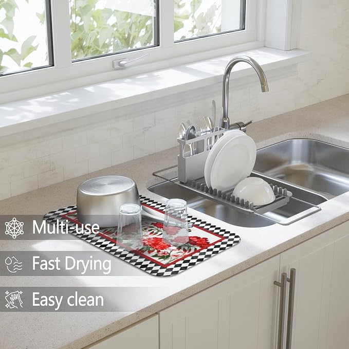 Dish Drying Mat 2-Pack Red Floral Bee Check for Kitchen Counter Dishes | Diatom Mud Mats (18x24, 19.5x12"). Non-slip rubber back for kitchen counter, coffee bar & sink scenes