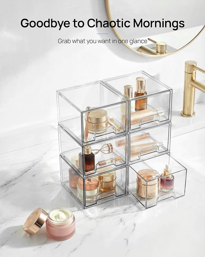 Vtopmart 2 Pack Small Clear Stackable Storage Drawers,Acrylic Bathroom Makeup Organizer,Plastic Storage Bins for Vanity, Undersink, Kitchen Cabinets, Pantry, Home Organization