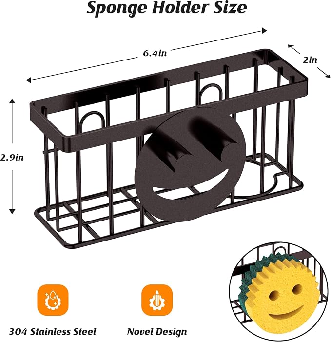 MURLONG Sponge Holder Smiley Face, Sink Caddy for Kitchen Sink, Sink Organizer Sponge Holder with 2 PCS Suction Cups/1 PCS Adhesive Strips, Designed for Sponge, Soap, Dish Brush, Scrubber-Bronze