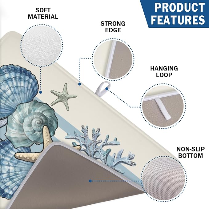 Nautical Coastal Dish Drying Mat for Kitchen Counter Summer Beach Seashell Starfish Microfiber Dish Drainer Mat Ocean Blue Pattern Absorbent Washable Drying Pad Extra Large 18"x24"